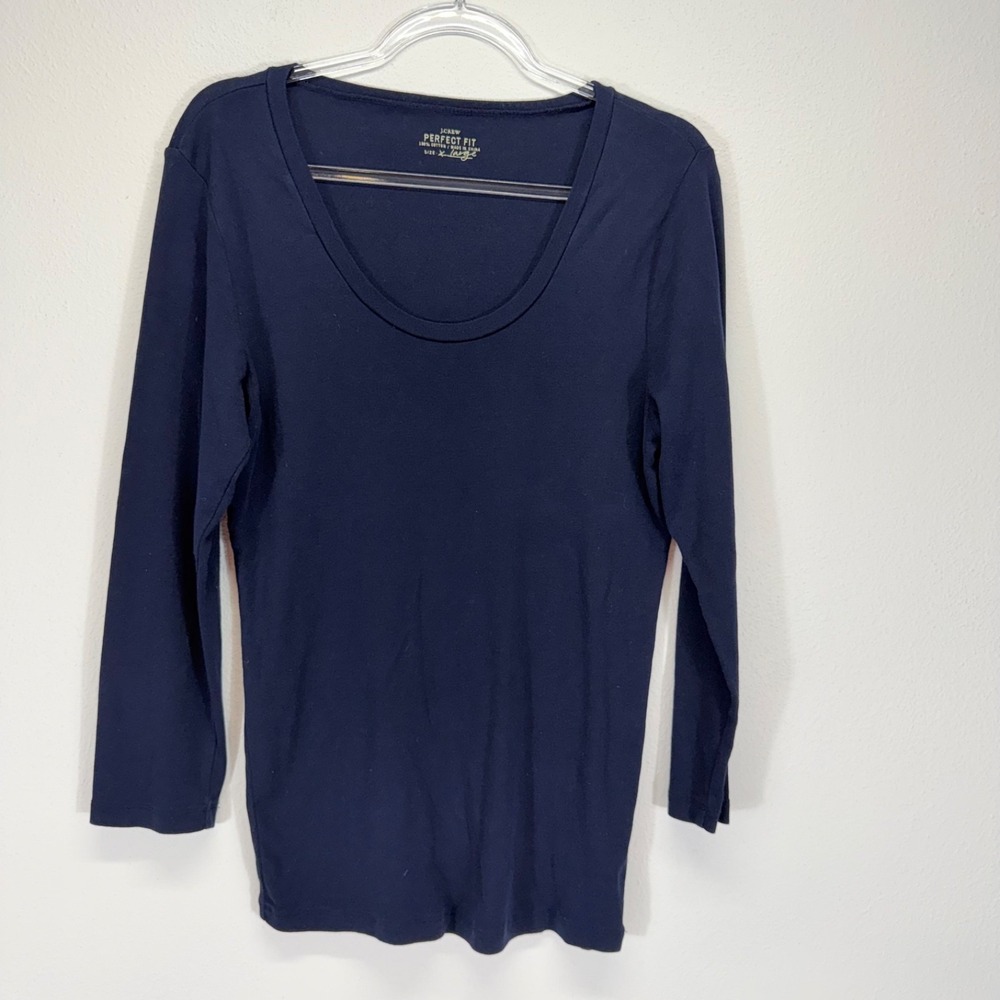 J.Crew Perfect Fit Scoop Neck 3/4 Sleeve Navy Blue 100% Cotton Top Size XL